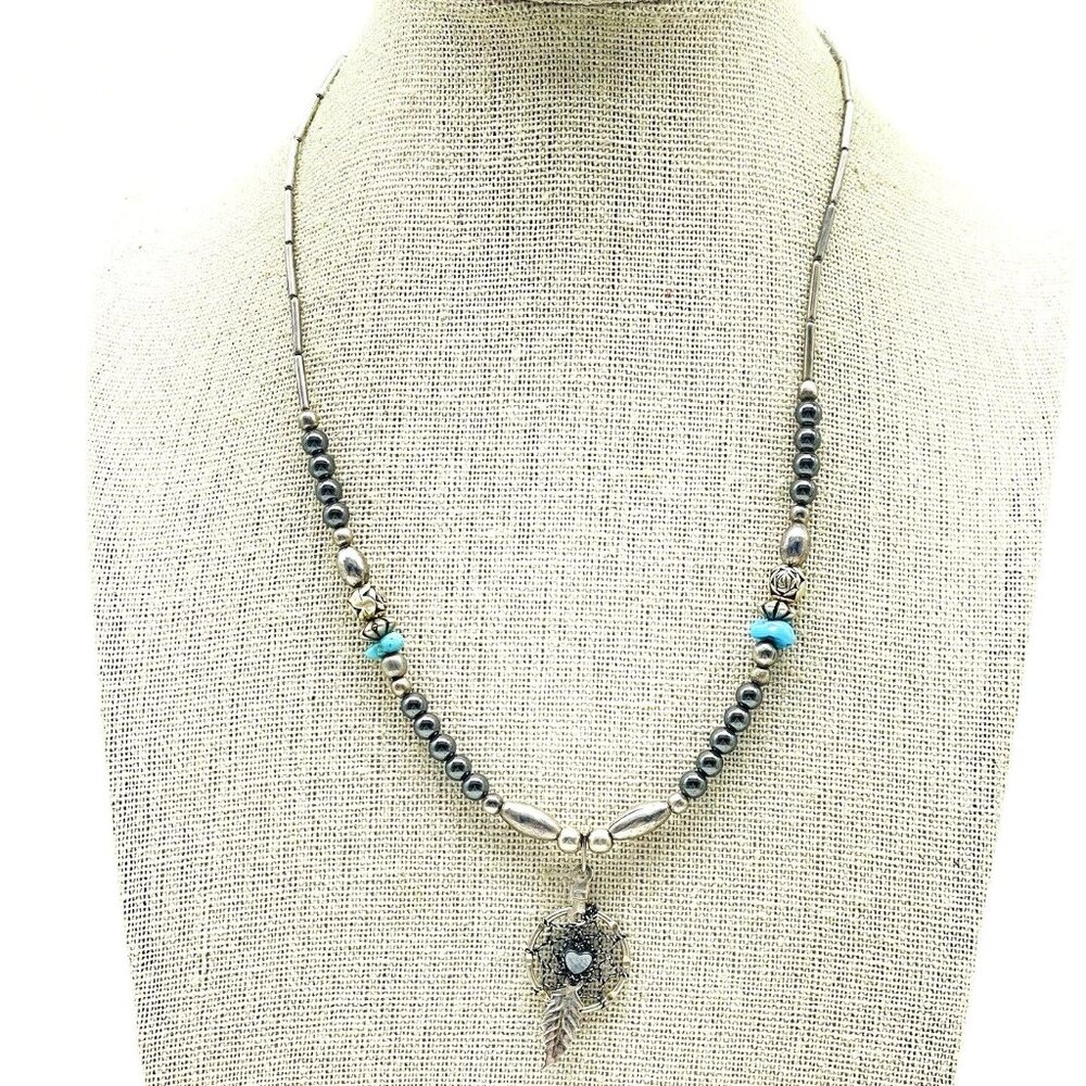 Silver Tone Beaded Necklace Dream Catcher Pendant Teal Accent
